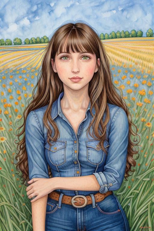 01285-1717921809-cartoon of VeronicaCipher, small smile, straight hair in bangs, wearing a peasant blouse and jeans, in a field of dreams.png